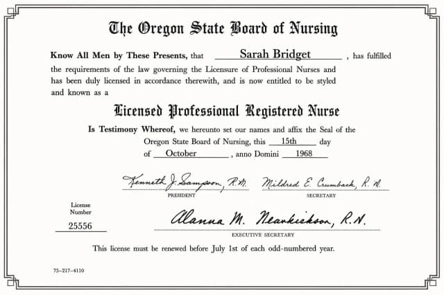 Oregon nursing license card example