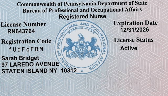 Pennsylvania nursing license card example