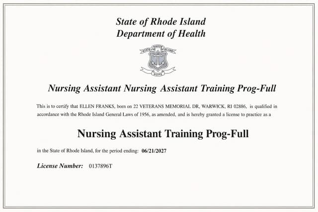 Rhode Island nursing license card example