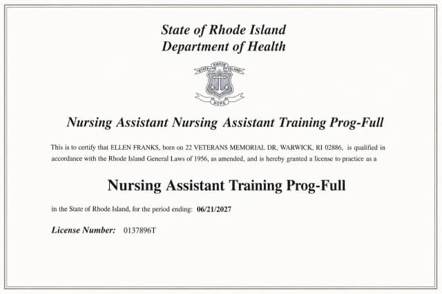 Rhode Island nursing license card example