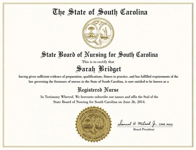 South Carolina nursing license card example