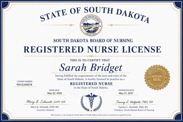 South Dakota nursing license card example