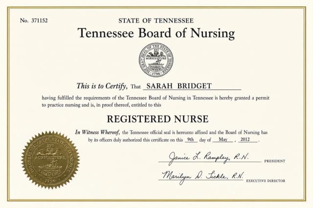 Tennessee nursing license card example
