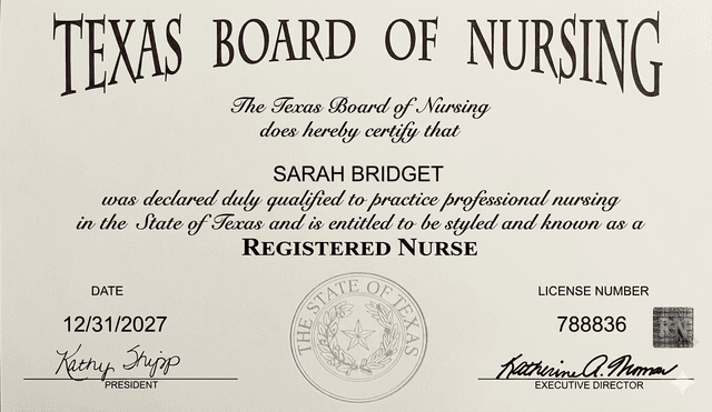 Texas nursing license card example