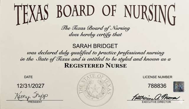 Texas nursing license card example