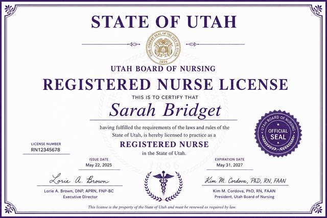 Utah nursing license card example