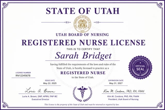 Utah nursing license card example
