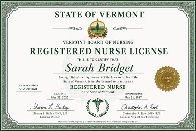 Vermont nursing license card example