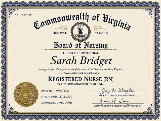 Virginia nursing license card example