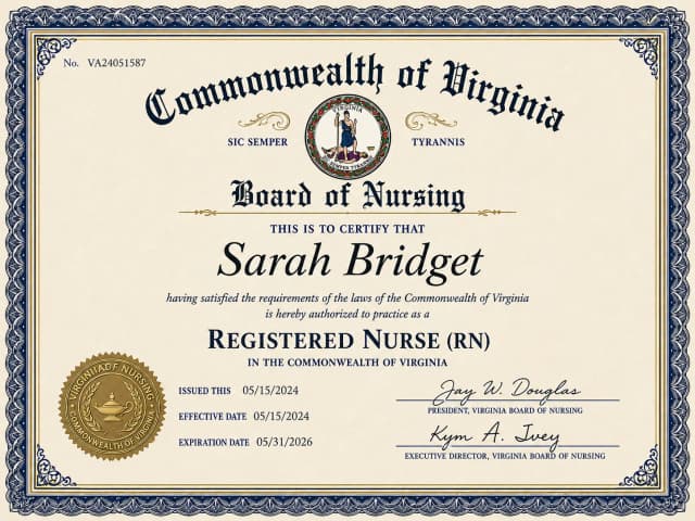 Virginia nursing license card example