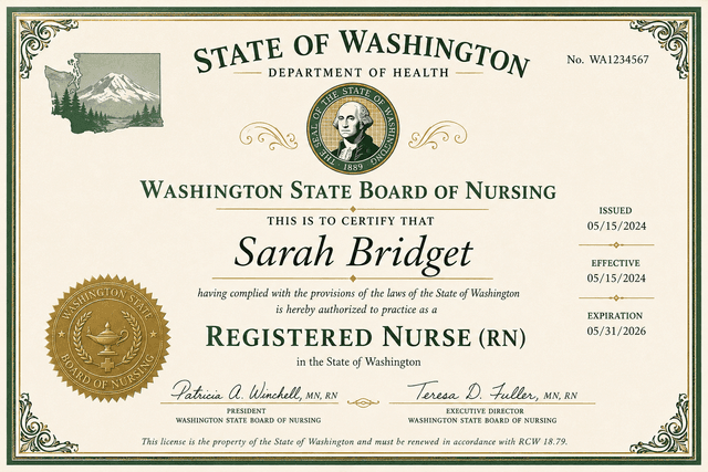 Washington nursing license card example