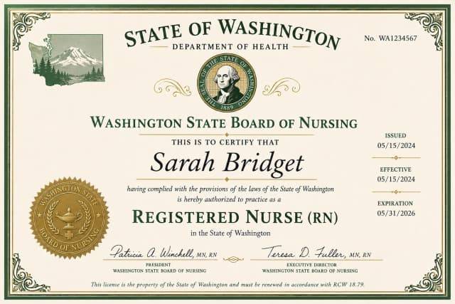 Washington nursing license card example