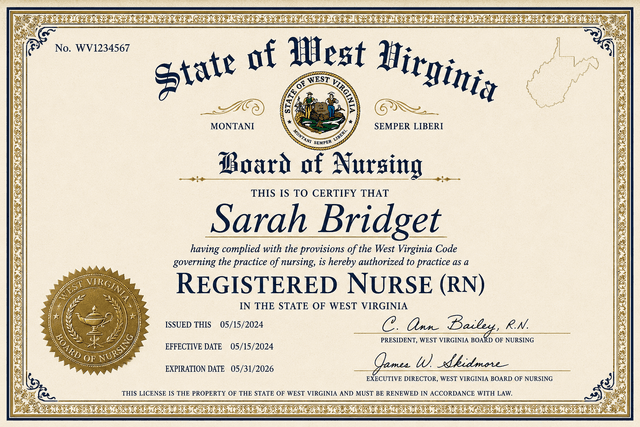 West Virginia nursing license card example