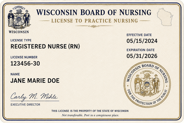 Wisconsin nursing license card example