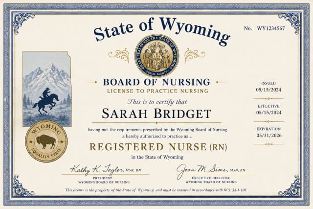 Wyoming nursing license card example