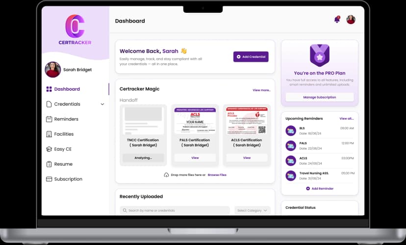 CerTracker nurse compliance dashboard and mobile app for license management, CEU tracking, and credential reminders – Protect Your License and Peace of Mind.