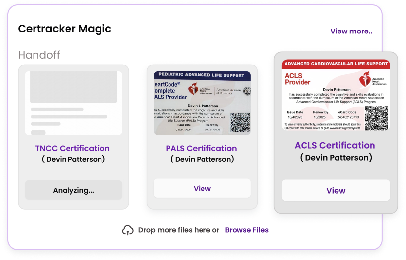 CerTracker Handoff feature showing nurse certification cards including TNCC, PALS, and ACLS, with status indicators and option to analyze or view documents.